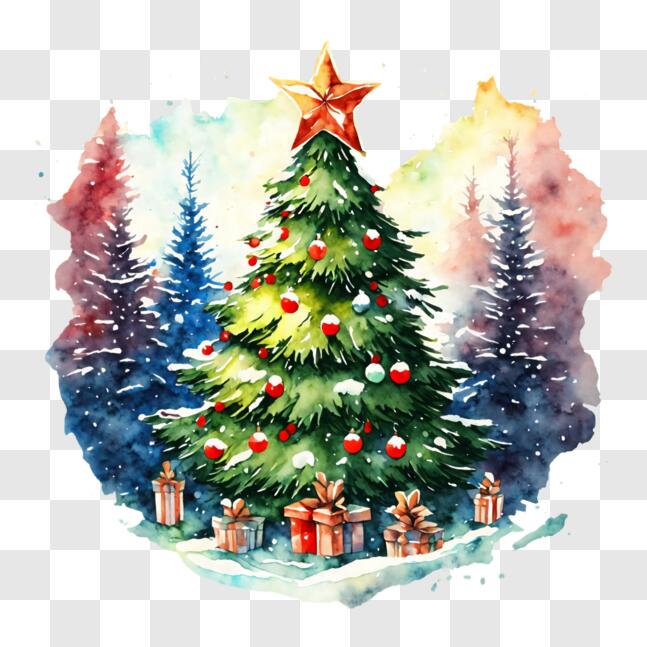 Download Festive Watercolor Christmas Tree with Presents PNG Online ...