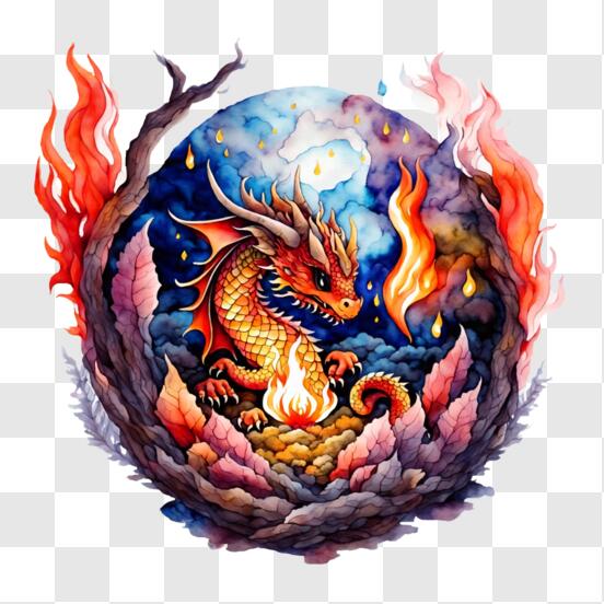 Télécharger Œuvre d'art de dragon coloré avec du feu et des aquarelles PNG  En Ligne - Creative Fabrica