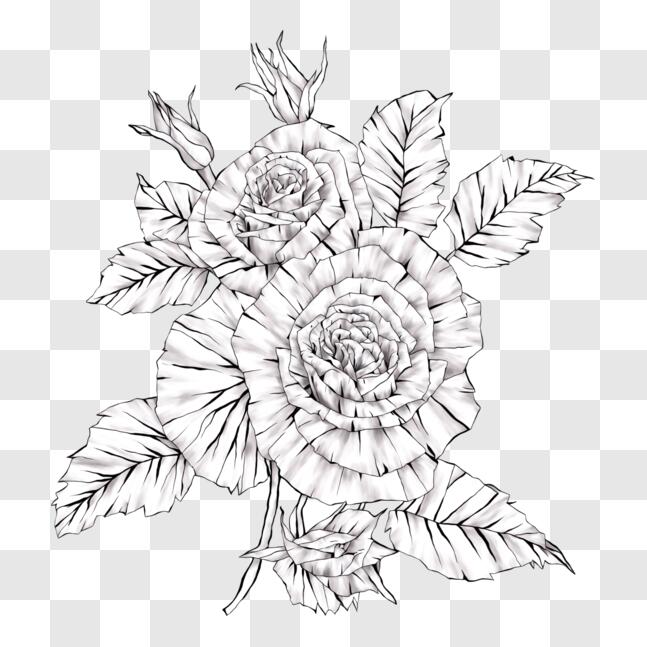 Download Detailed Black and White Rose Drawing PNG Online - Creative ...