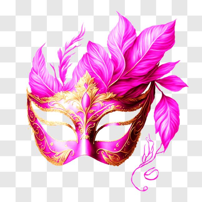 Download Elegant Pink and Gold Masquerade Mask with Feathers PNG Online