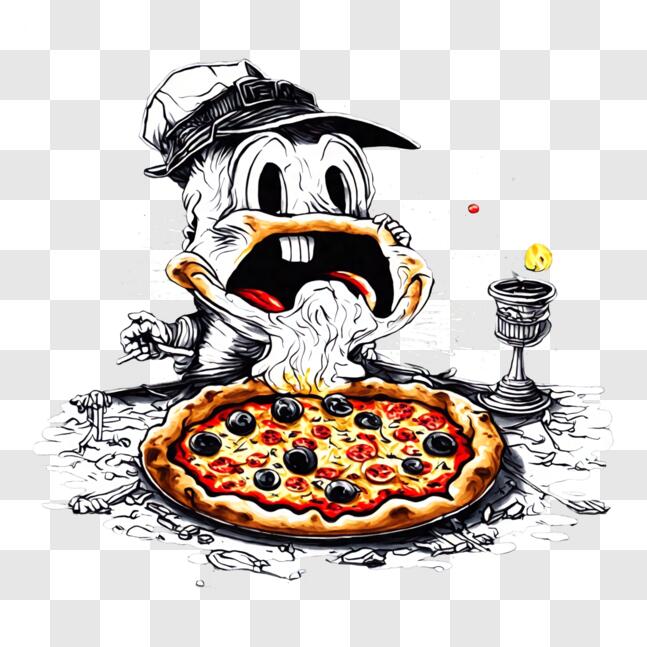 Download Amusing cartoon scene with ducky eating pizza PNG Online