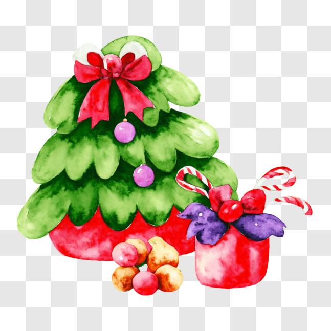 Download Festive Watercolor Christmas Tree with Ornaments and Candy ...