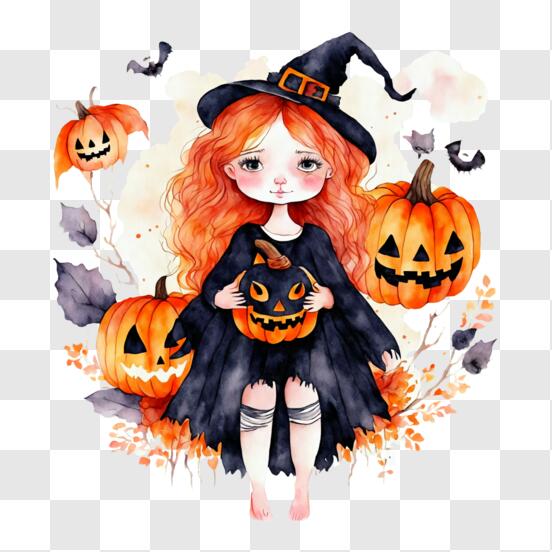 Linda bruxa segurando abóbora de halloween em estilo anime