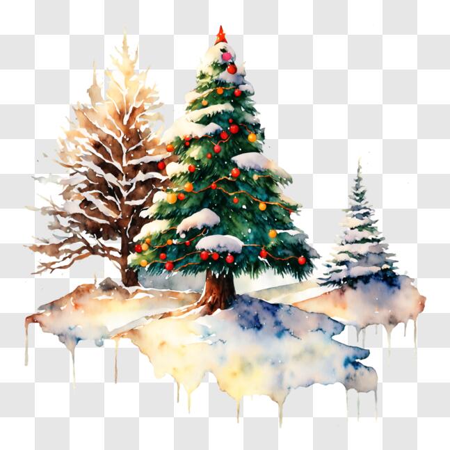 Download Christmas Trees in Snowy Landscape - Watercolor Painting PNG ...