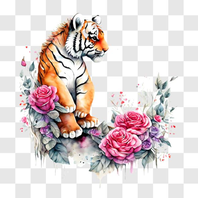 Download Beautiful Tiger Artwork with Roses and Flowers PNG Online ...