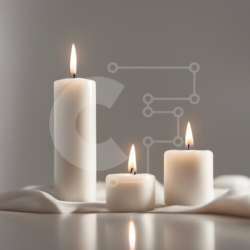 Tres velas blancas dispuestas sobre una tela blanca fotos de archivo