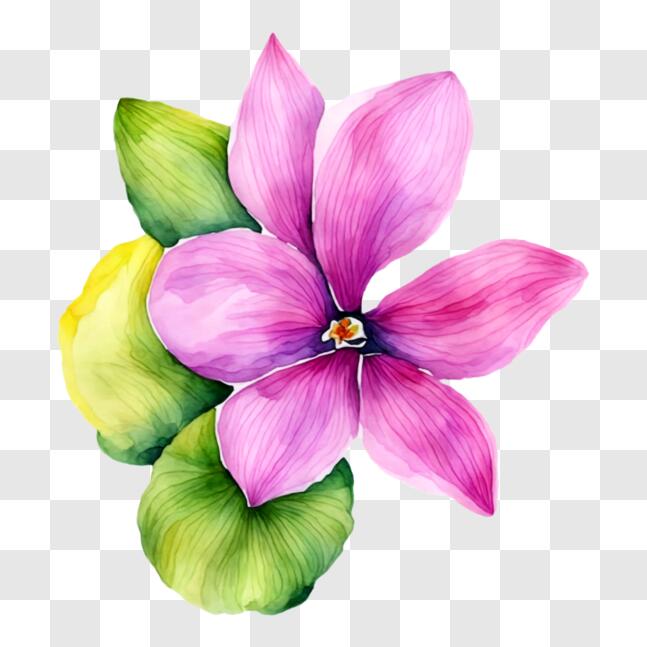 Download Watercolor painting of a pink flower with green leaves PNGs ...