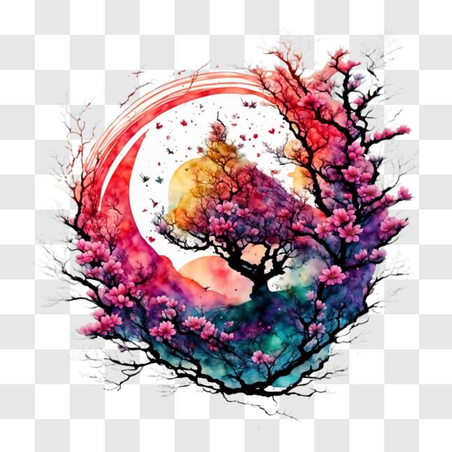 Download Colorful Blossom Tree in the Shape of a Heart PNG Online