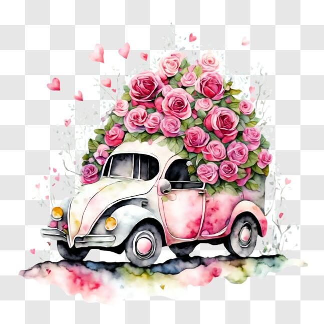 Download Romantic Pink Volkswagen Beetle with Roses and Hearts PNG ...