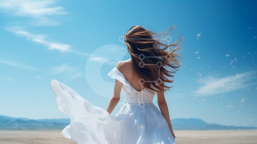 Woman on Beach with Windy Hair stock photo | Creative Fabrica