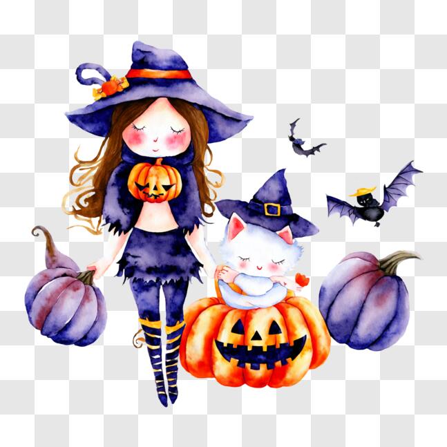 Garotas engraçadas fantasiadas de bruxa para o dia das bruxas com balões  laranja de jack abóbora acariciando o gato preto