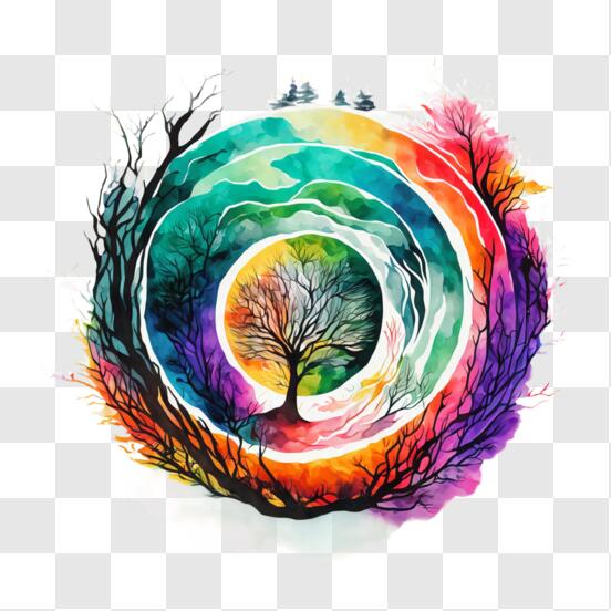 Télécharger Peinture d'arbre vibrant avec fond en spirale arc-en-ciel PNG  En Ligne - Creative Fabrica