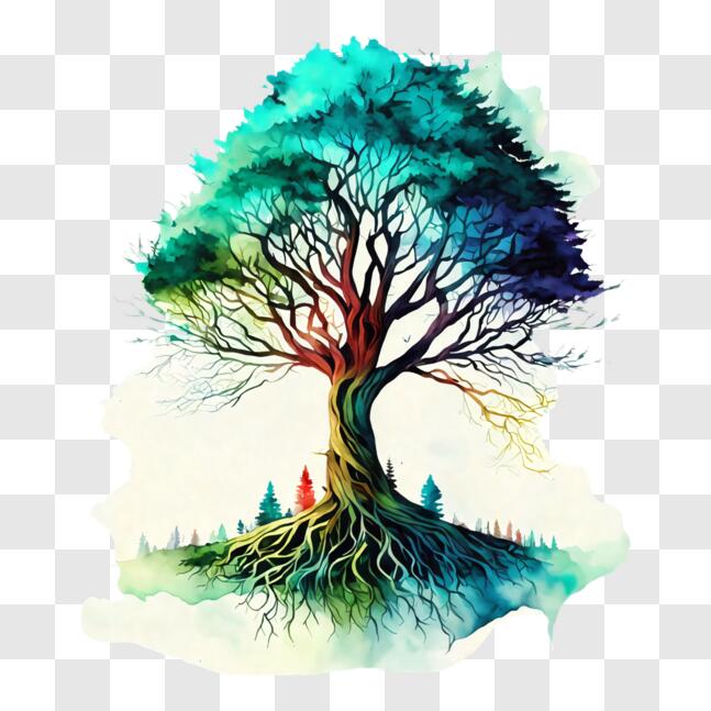 Download Colorful Watercolor Tree with Roots and Branches PNGs Online ...