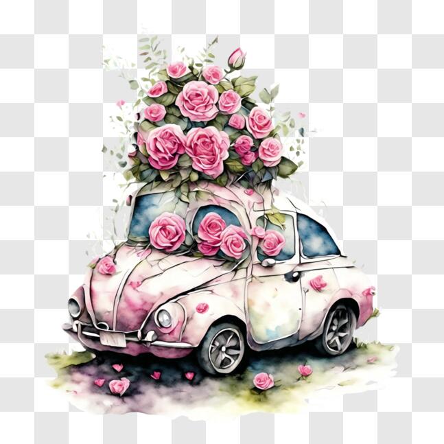 Download Pink Volkswagen Beetle with Roses PNG Online - Creative Fabrica