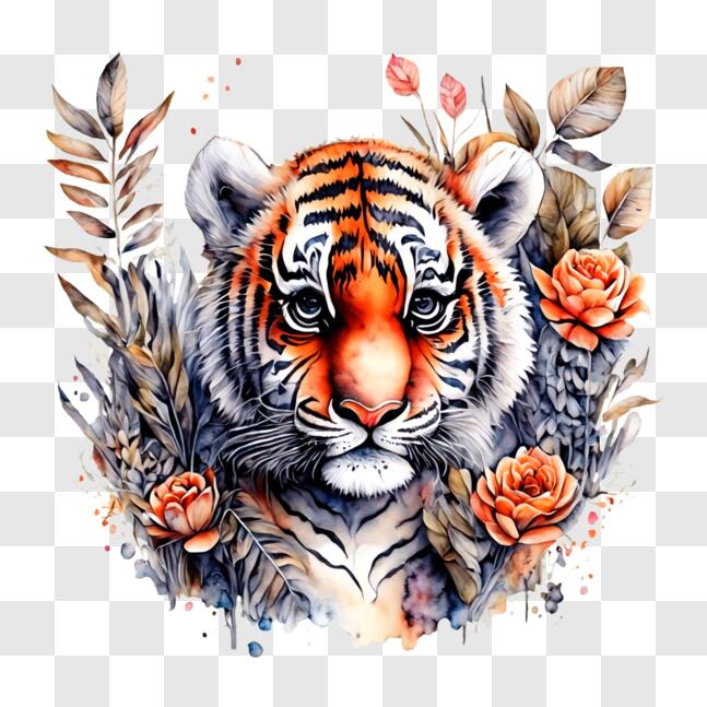 Download Tiger in the Midst of Colorful Roses - Wildlife Artwork PNG ...
