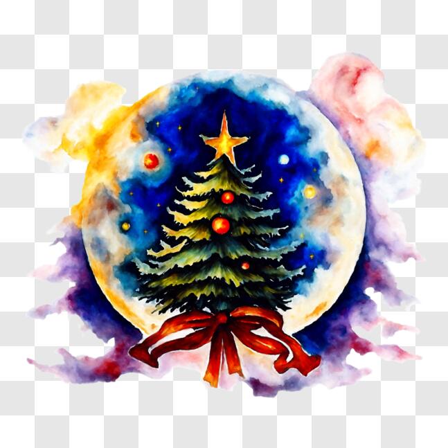 Download Ornamental Christmas Tree on the Moon Watercolor Painting PNG ...