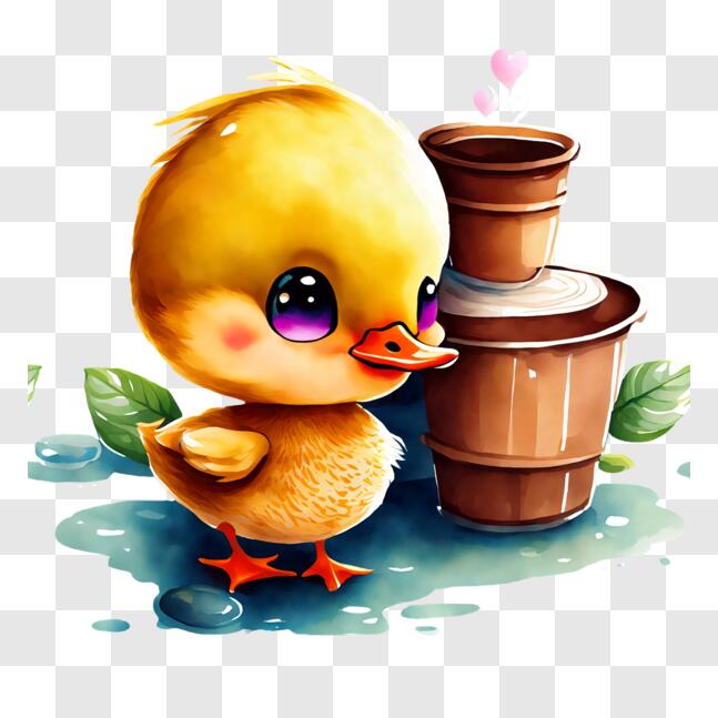 Download Cute Cartoon Duck Enjoying Time Next to Water and Flowers PNG ...