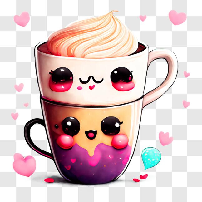 Xícara de café fofa kawaii com coração sorrindo com amor