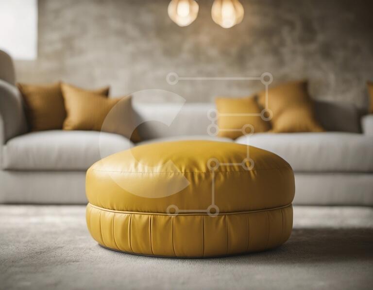 Yellow Leather Ottoman in Minimalist Gray Room stock photo Creative