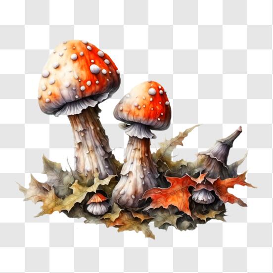 Página para colorir com cogumelo da floresta dos desenhos animados com  folhas da floresta