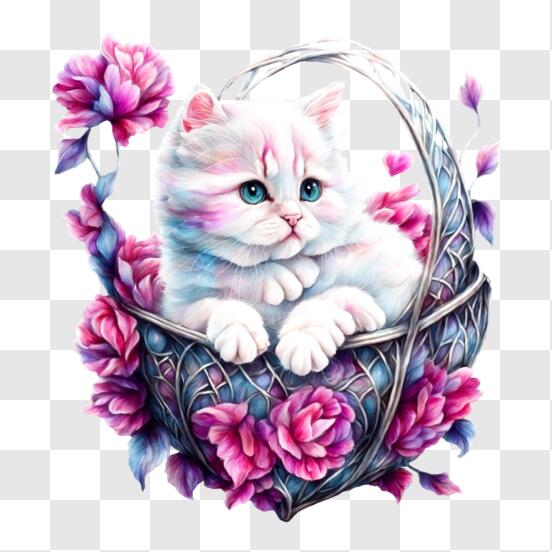 Gatos adoráveis na cesta rosa, Vetor Premium