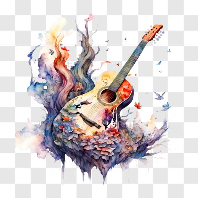 Download Floating Acoustic Guitar surrounded by birds and flowers PNGs ...