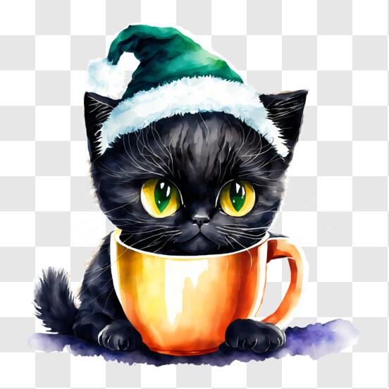 Download Cute Black Cat in Santa Hat Enjoying a Warm Drink PNG