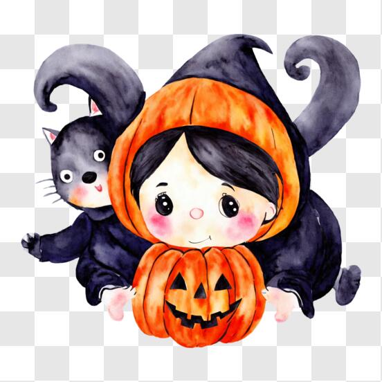 Ilustração De Halloween De Uma Bruxa Fofa Com Uma Abóbora Na Mão
