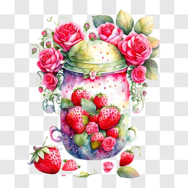 Download Watercolor Painting of Mason Jar with Strawberries and Roses ...