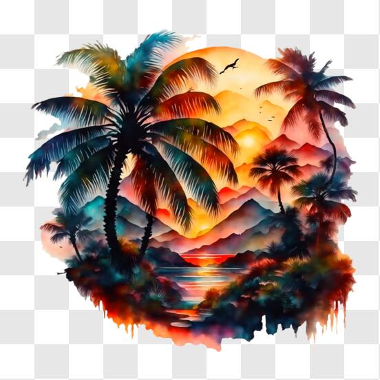 Download Colorful Tropical Landscape with Palm Trees and Watercolor ...