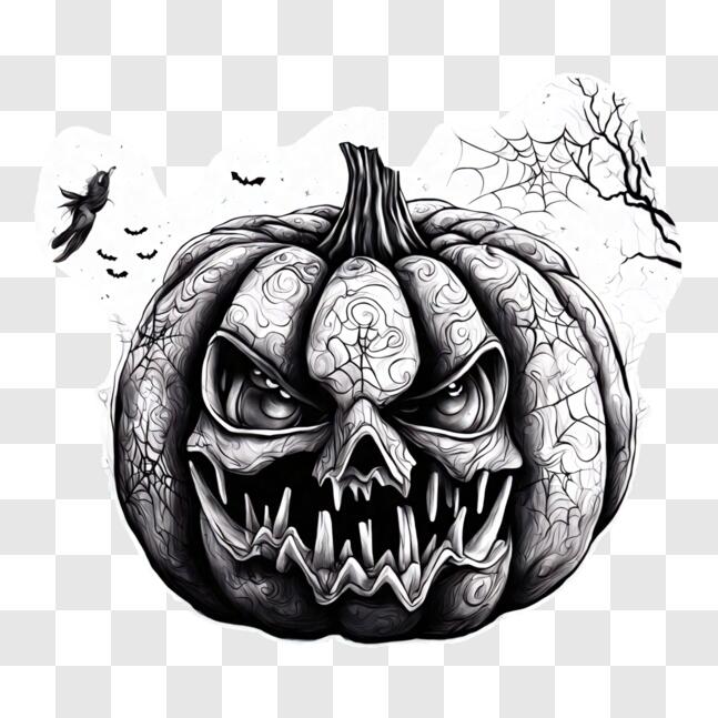 Download Black and White Evil Pumpkin Drawing for Halloween Decorations ...
