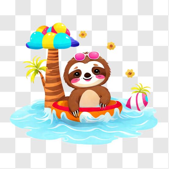 Cute Sloth enjoying time at the beach or swimming pool