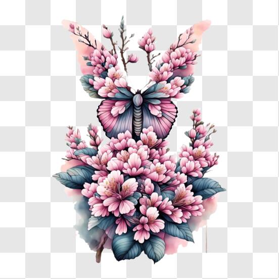 Télécharger Beau papillon sur les fleurs de cerisier roses PNG En
