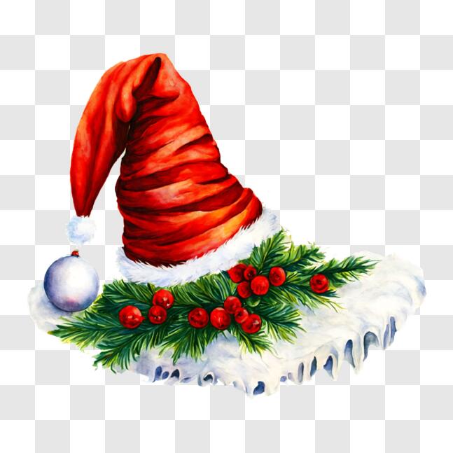 Download Festive Red Santa Hat on Icy Surface with Decorations PNG ...