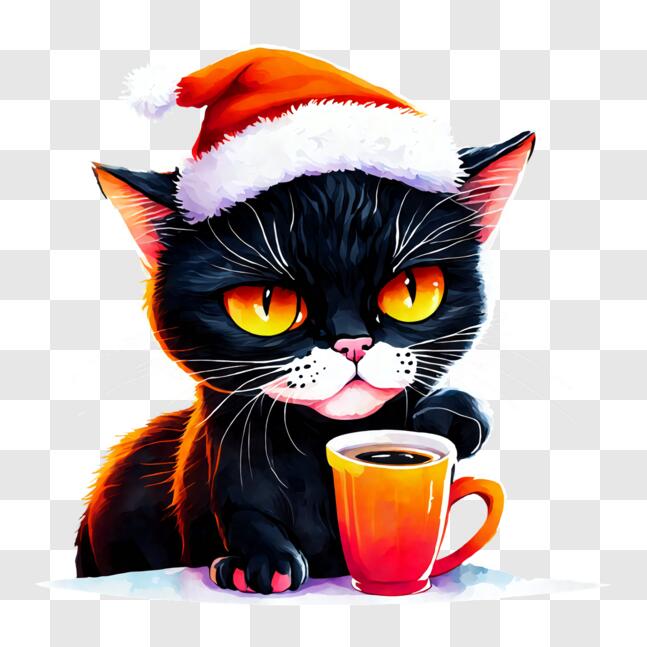 Download Cute Black Cat in Santa Hat PNG Online - Creative Fabrica