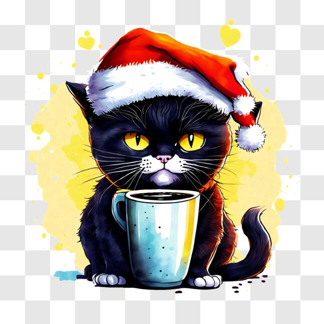 Download Cute Black Cat Celebrating Christmas with Coffee PNG Online ...