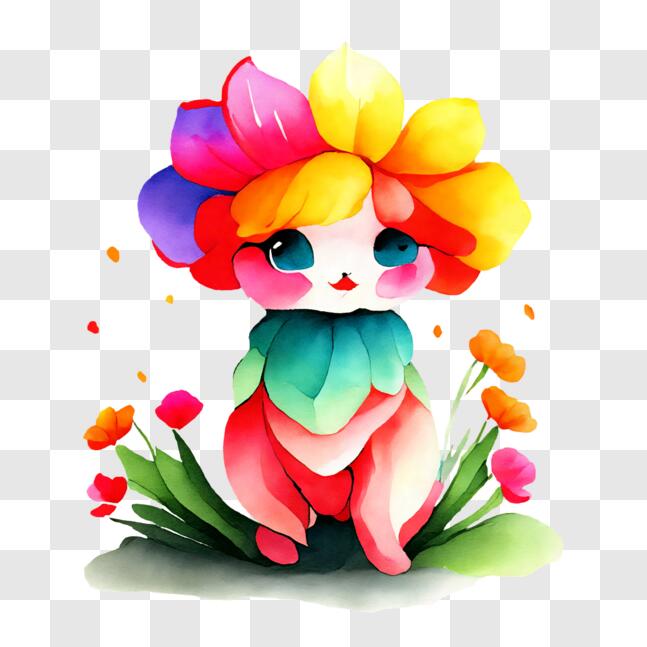 Um desenho de um personagem pokémon fofo com flores no fundo.