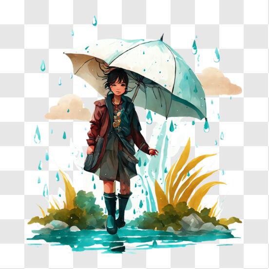 Descarga Ilustración de una niña con paraguas bajo la lluvia en la luna PNG  En Línea - Creative Fabrica