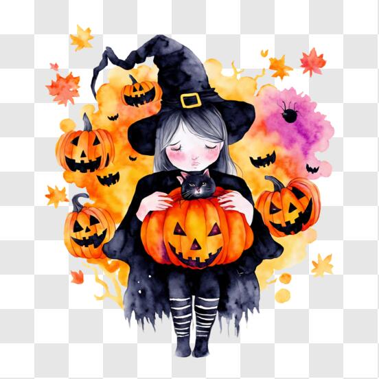 Scarica Ragazza in costume da strega che tiene una zucca per Halloween PNG  Online - Creative Fabrica