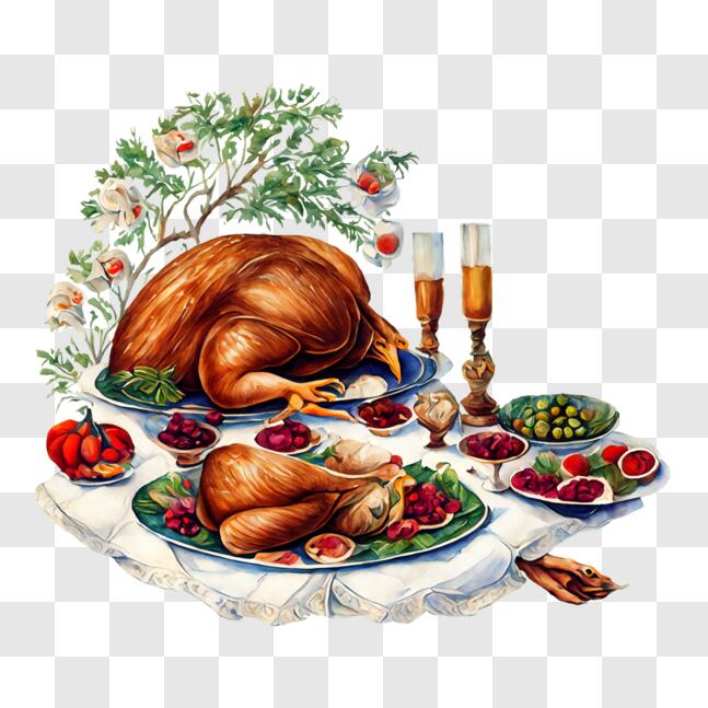 Download Delicious Thanksgiving Meal with Turkey and Wine PNG Online ...