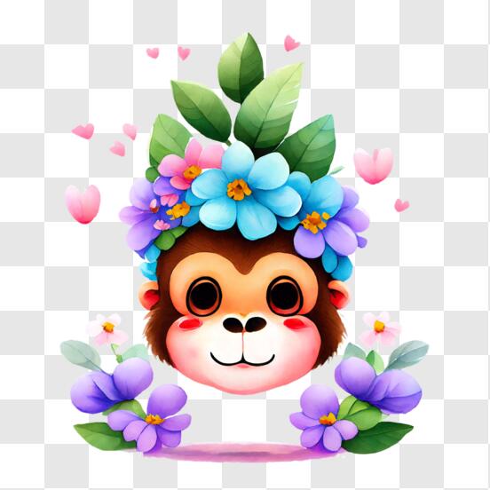 Cartoon Monkey With Flower Headband Png