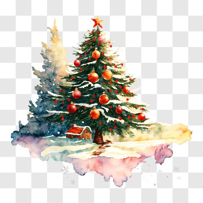 Download Watercolor Christmas Tree in Snowy Landscape PNG Online ...