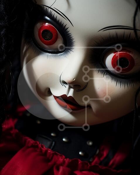 Creepy Doll with Red Eyes and Black Hair stock photo | Creative Fabrica