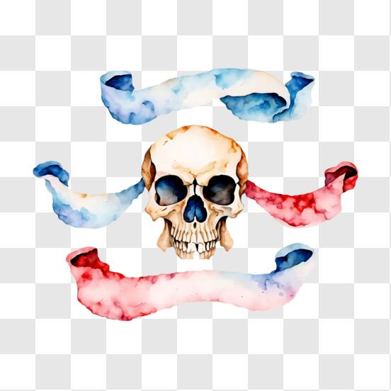 Download Watercolor Painting of Pirate Skull with Ribbons PNG Online -  Creative Fabrica