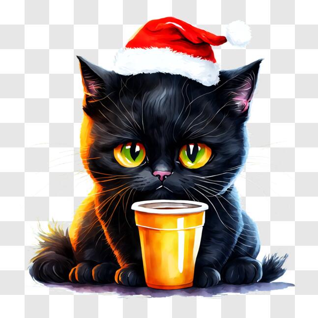 Download Black Cat Celebrating with a Festive Drink PNG Online ...