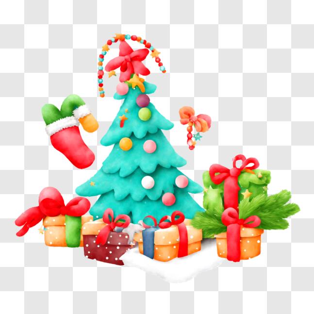 Download Festive Cartoon Christmas Tree with Presents and Stockings PNG ...