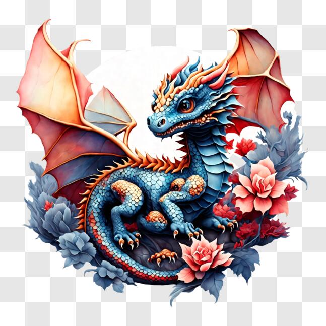 Download Majestic Blue Dragon with Flowers PNGs Online - Creative Fabrica