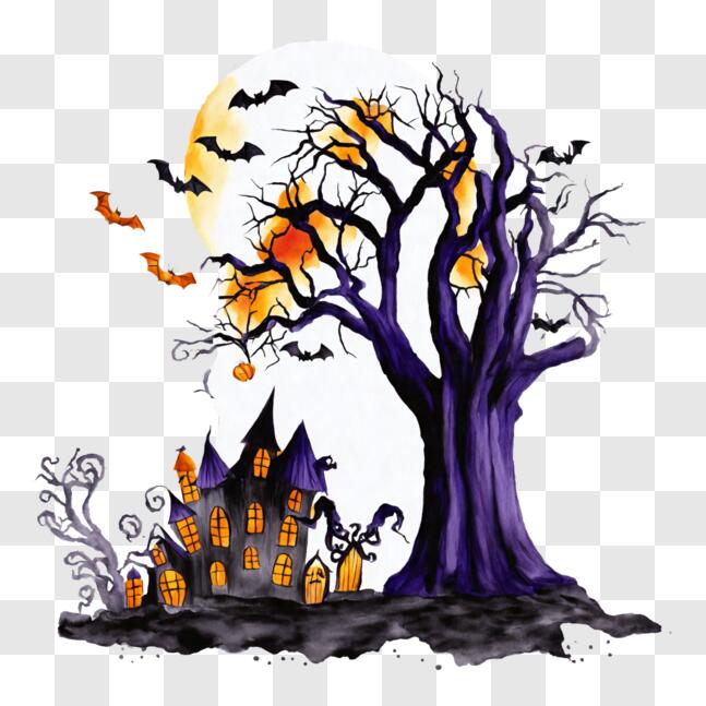 Download Full Moon Halloween Scene with House, Tree, and Bats PNGs ...