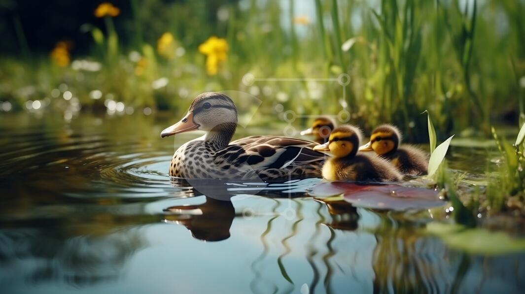 Mother Duck with Her Ducklings in a Beautiful Pond stock photo ...