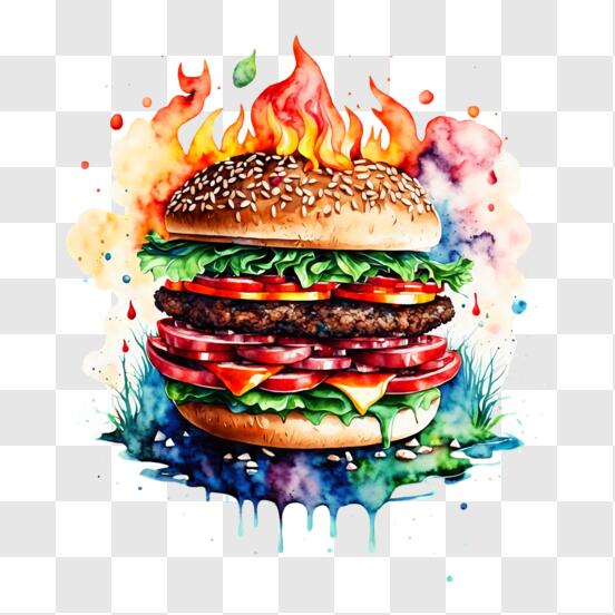Download Colorful Burger with Flames - Fast Food Advertisement PNG